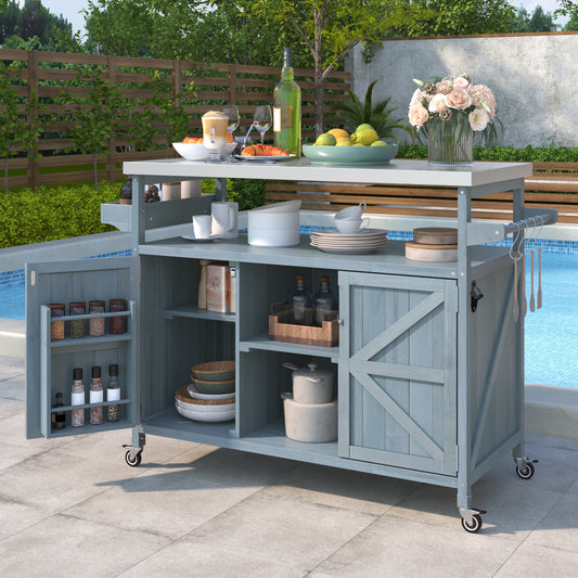 Outdoor Kitchen Island Rolling Bar Cart with Stainless Steel Top, Storage & Spice Rack, Grey Blue