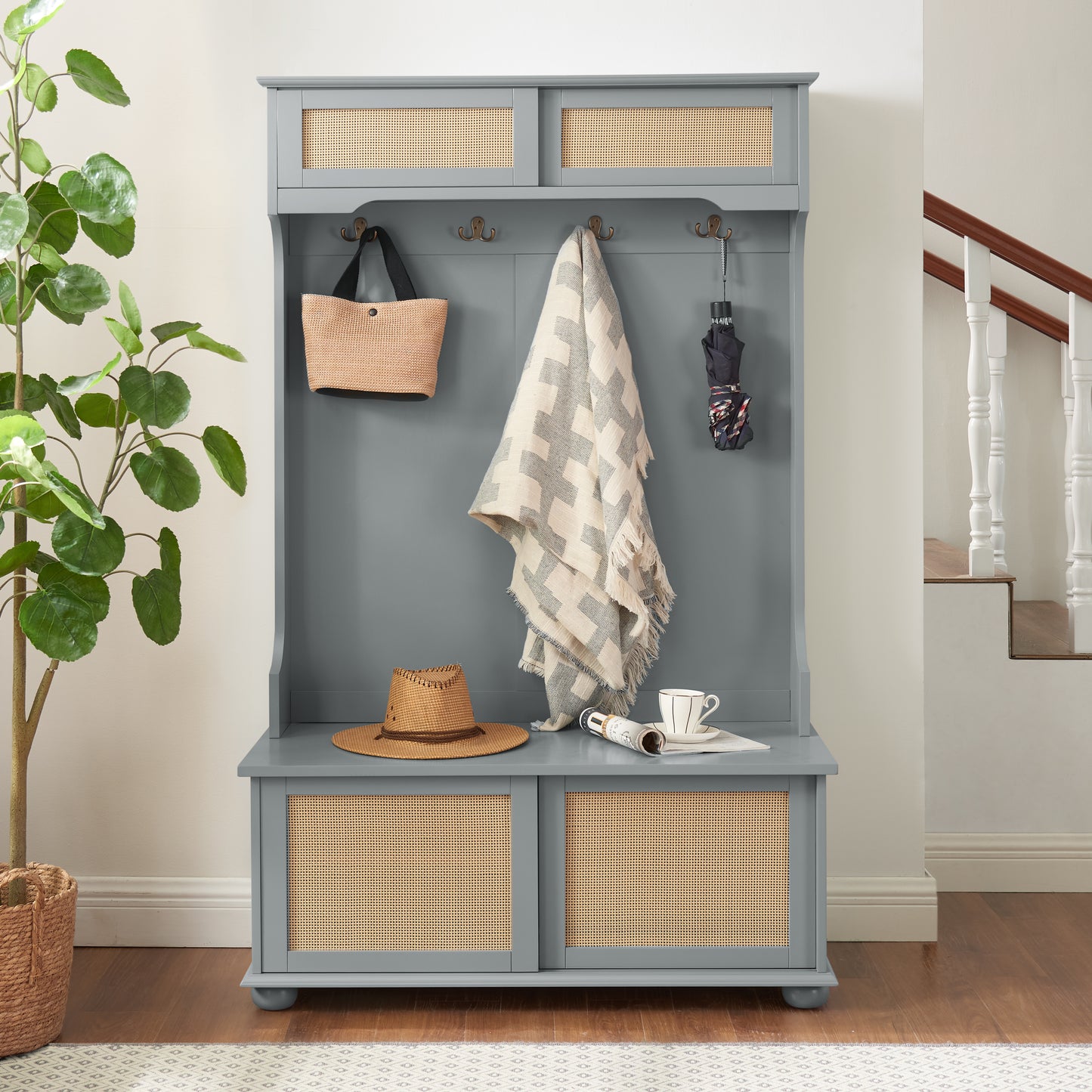 GOMYHOME Clothes hanger Hall Tree Storage Bench Shoe Rack for Entryway, Hall Tree with Bench and Shoe Storage, Hall Tree Entryway Bench with Rattan Door Gray, 40.16'W*18.58'D*64.17'H