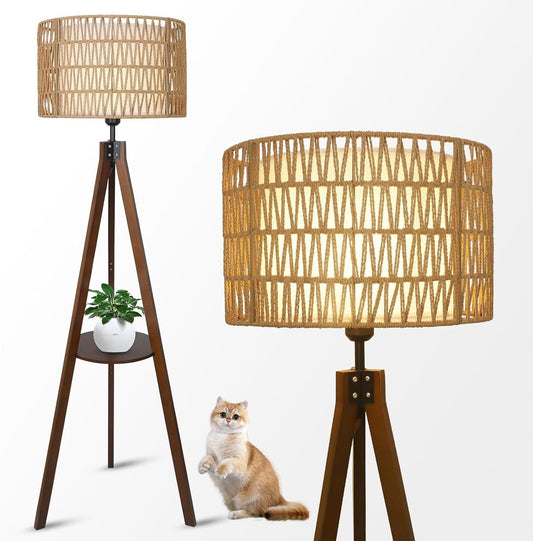 '-Boho Tripod Floor Lamp with Shelves & Rattan Shade, Foot Switch