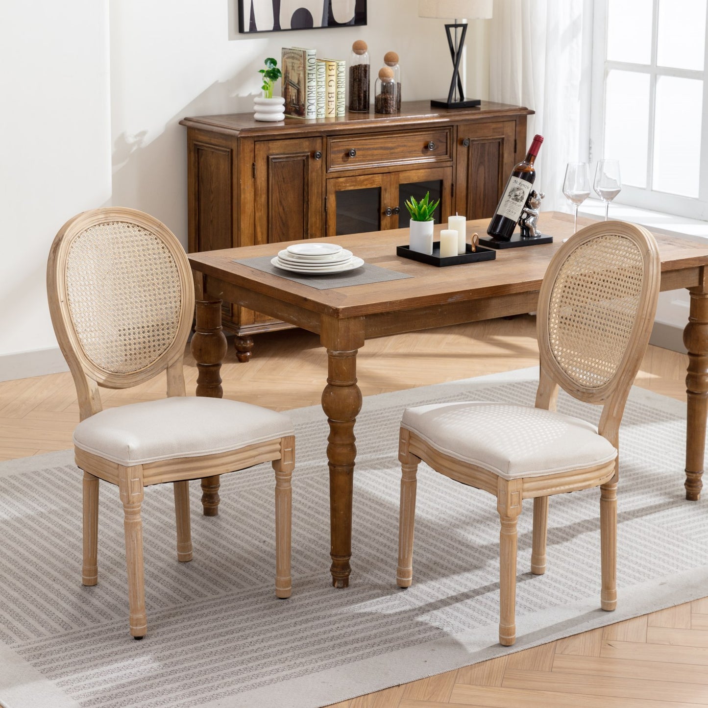 GOMYHOME Cream Beige French Linen Fabric Cane-Back Dining Chairs, Set of 2