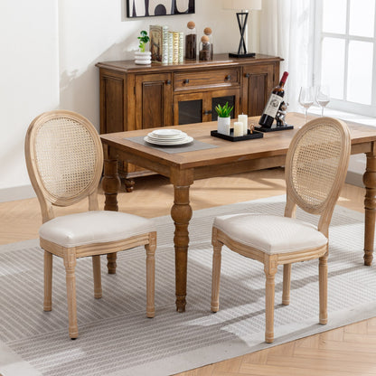 GOMYHOME Cream Beige French Linen Fabric Cane-Back Dining Chairs, Set of 2