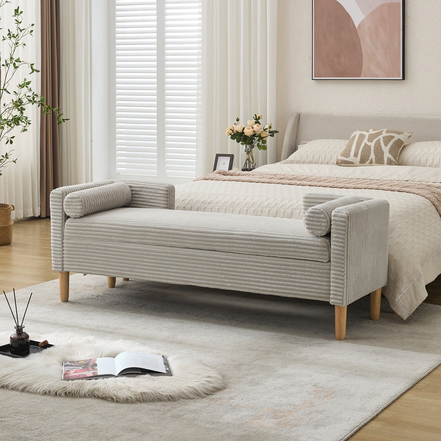 GOMYHOME light gray light gray corduroy 65.35-inch storage bench for living room bedroom and apartment