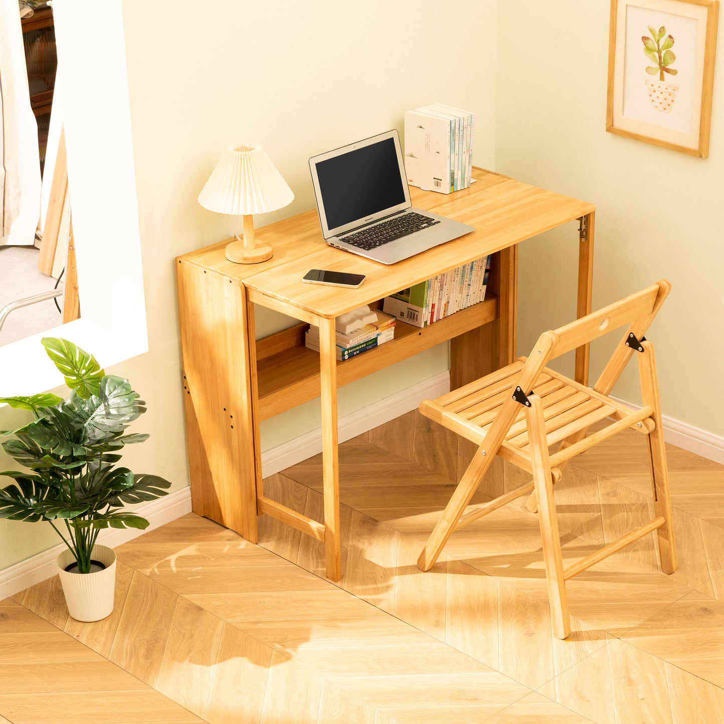 GOMYHOME Bamboo Folding Desk, Space-Saving Computer Desk for Small Spaces, Foldable Study