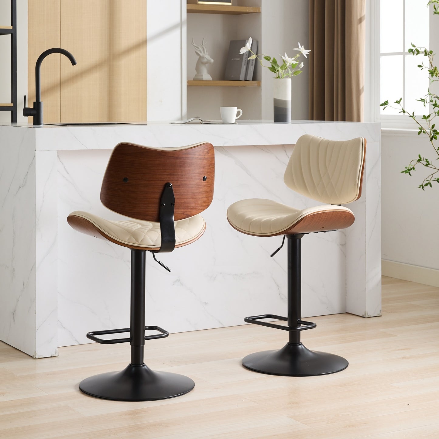 GOMYHOME Beige Set Of 2 Adjustable Swivel Bar Stools with Bentwood Back