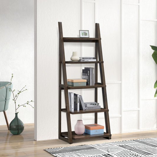 5-Tier Ladder Bookshelf, Wooden Storage Rack with Rubber Wood Frame, Rustic Brown