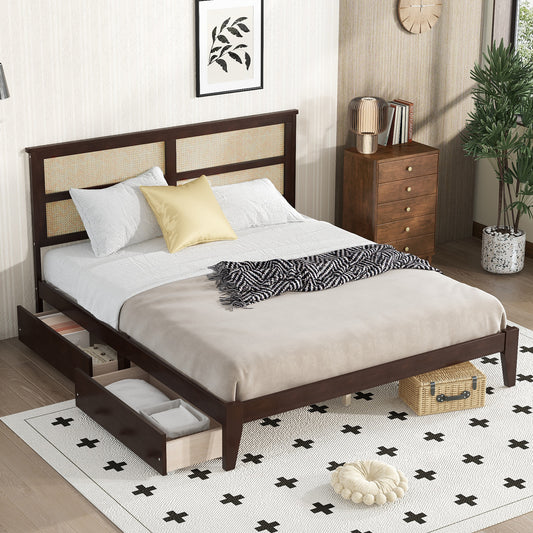King Size Bed with Rattan Headboard, 2 Storage Drawers & Solid Wood Frame, Espresso