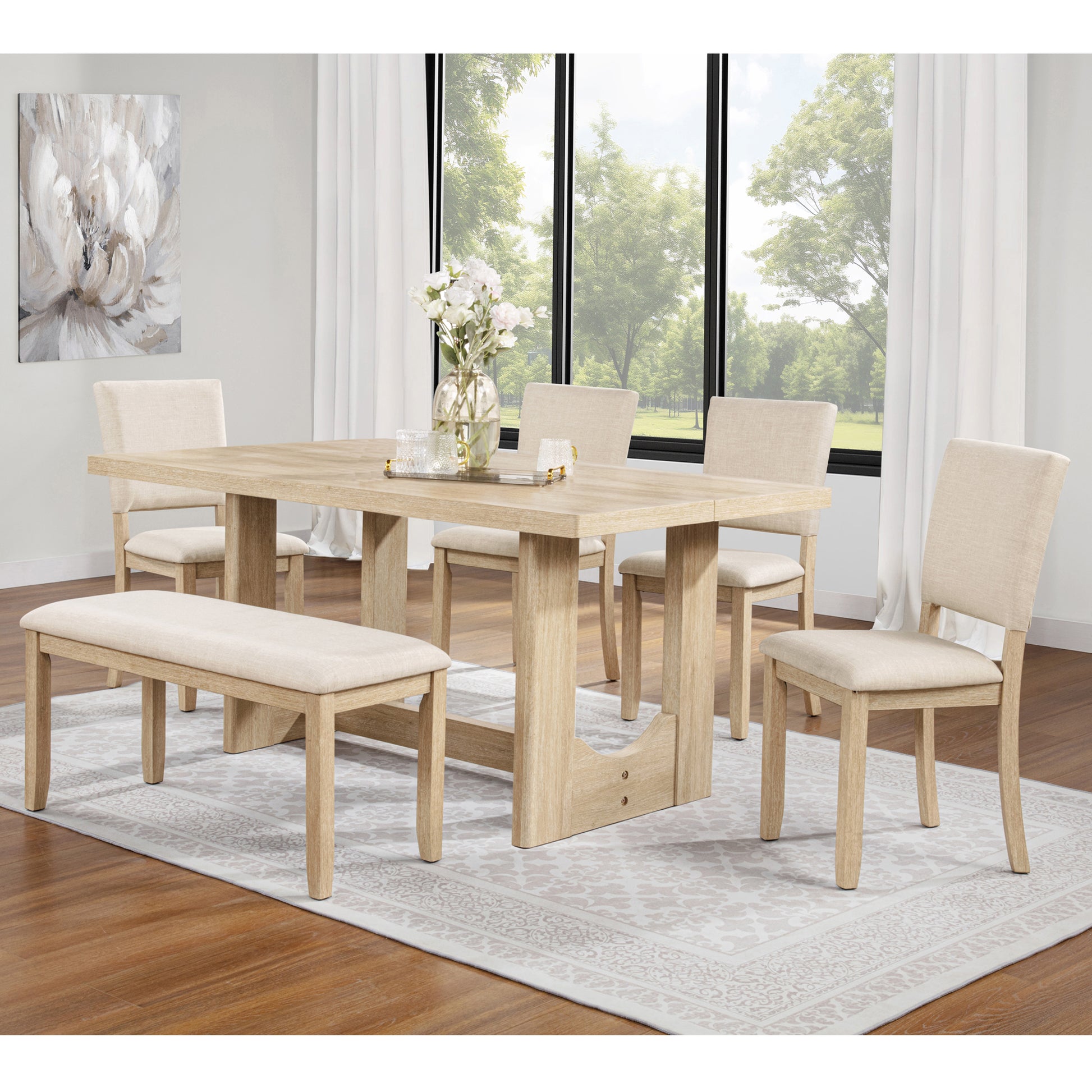 GOMYHOME light oak light oak 6-piece dining table set with bench for dining room and kitchen