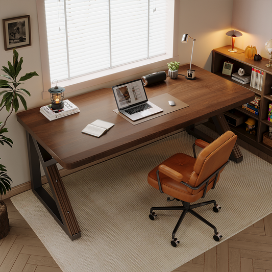 GOMYHOME 63" Solid Wood Double Computer Desk with Metal K-Frame, Walnut