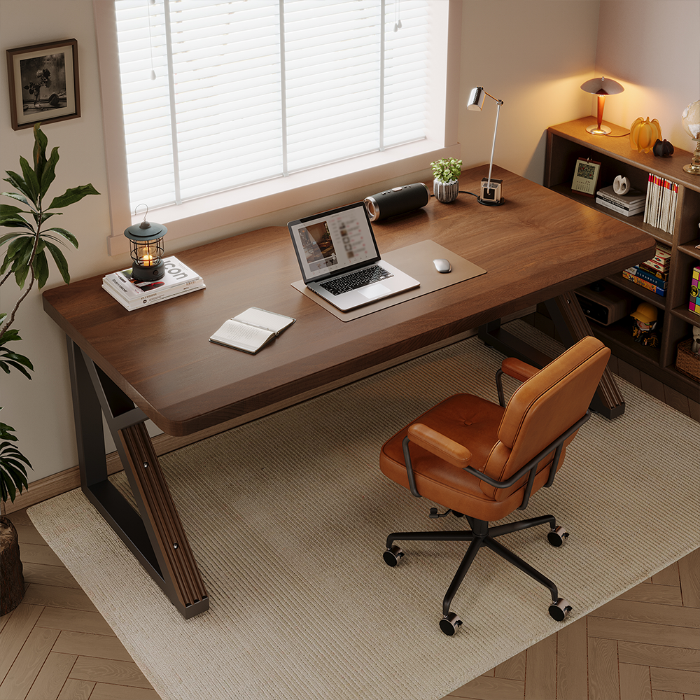 GOMYHOME 55" Solid Wood Two Person Computer Desk with K-Frame Metal Legs, Walnut