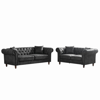 GOMYHOME Black Tech Fabric Chesterfield Sofa Set with 3+2 Seating
