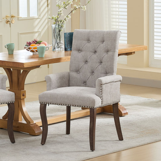 Chenille Beige Upholstered Dining Chair with Arms, Tufted Accent Chair