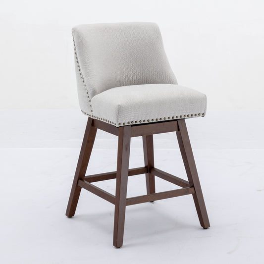 2-Piece Ivory Swivel Barstools, 26" Counter Height, Fabric Upholstered & Rubber Wood