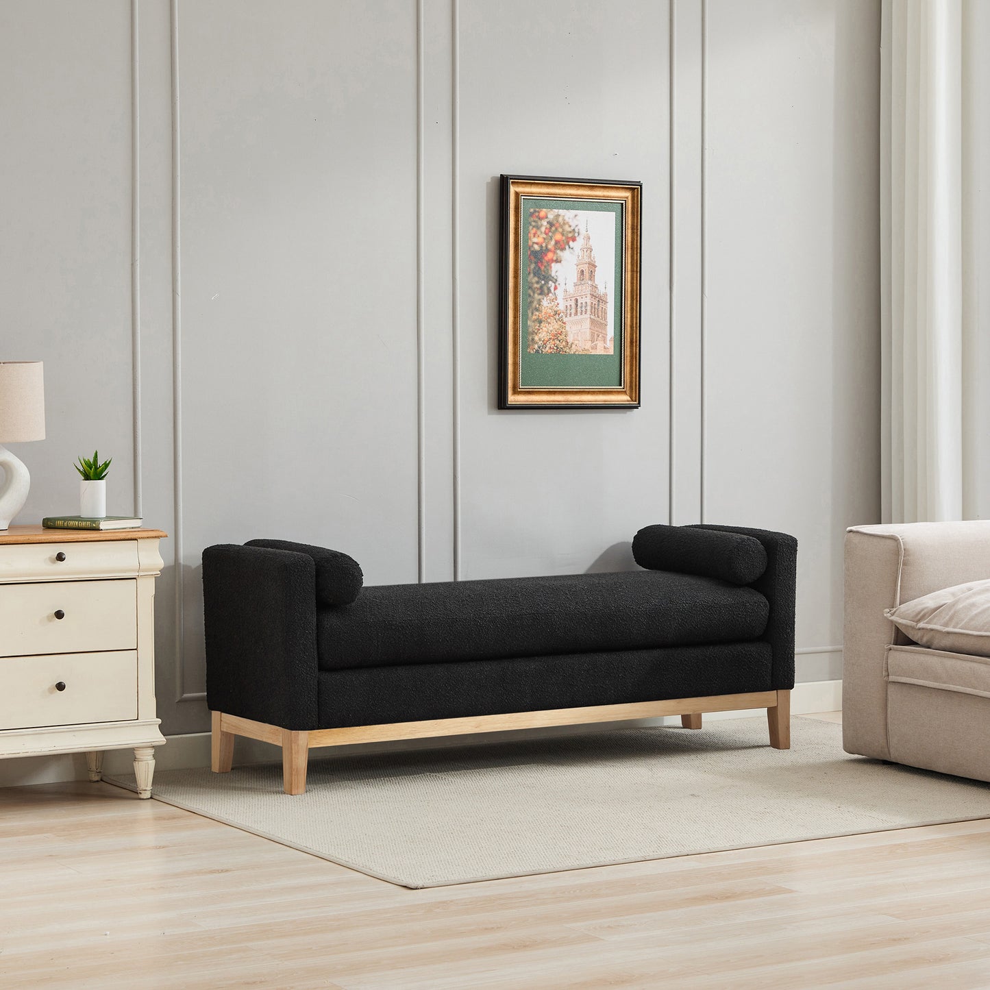 GOMYHOME 66" Upholstered Bed Bench, Modern Black Fabric Ottoman with Bolster Pillows & Wood Base