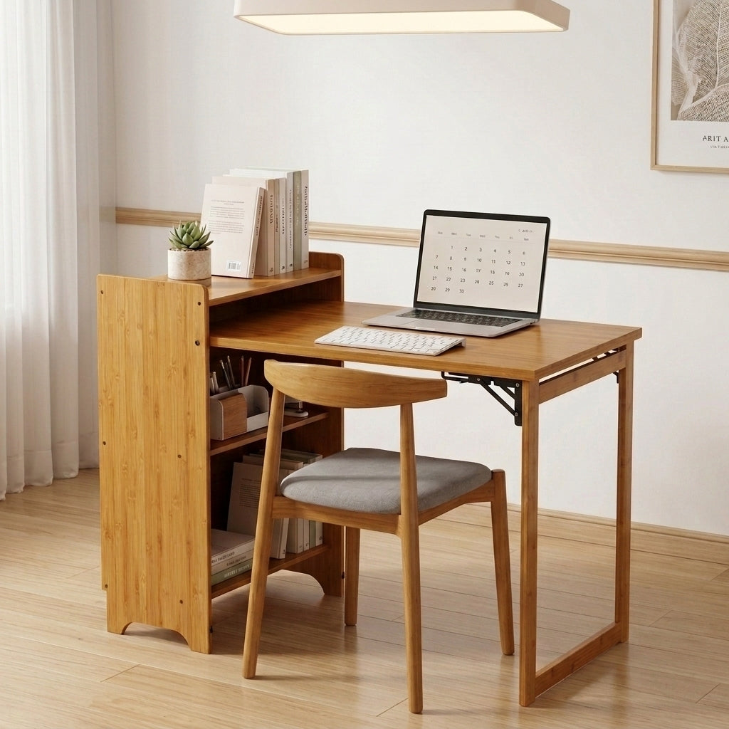 GOMYHOME Bamboo Folding Desk, Foldable Desk for Small Space, Computer Desk with Hidden