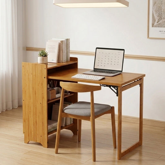GOMYHOME Bamboo Folding Desk, Foldable Desk for Small Space, Computer Desk with Hidden