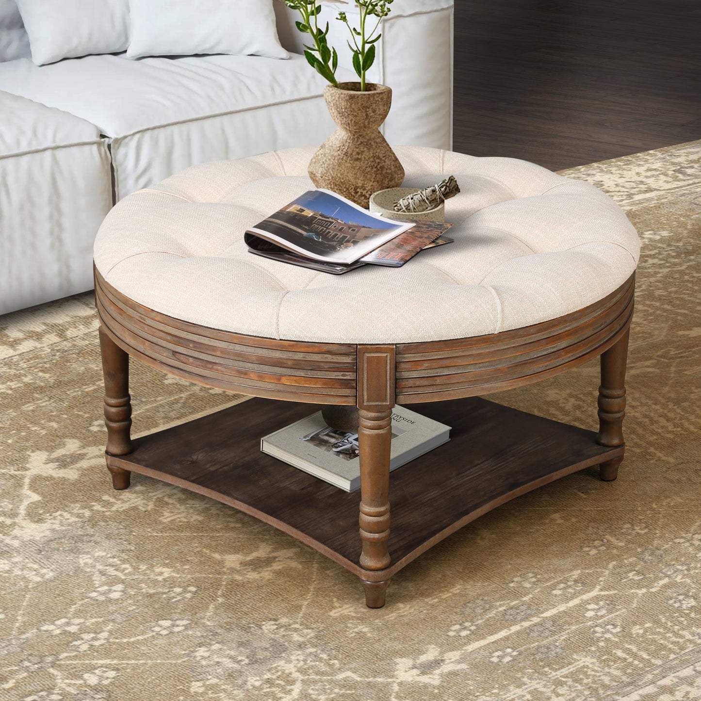 GOMYHOME Beige Round Tufted Ottoman Coffee Table with Storage Shelf