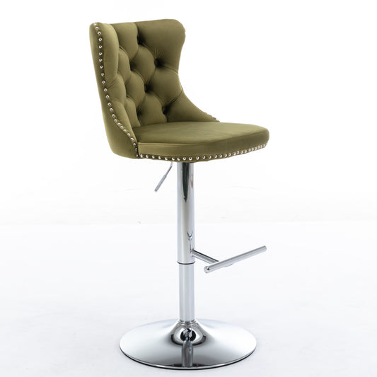 GOMYHOME Olive Green Velvet Adjustable Swivel Bar Stools, Set of 2