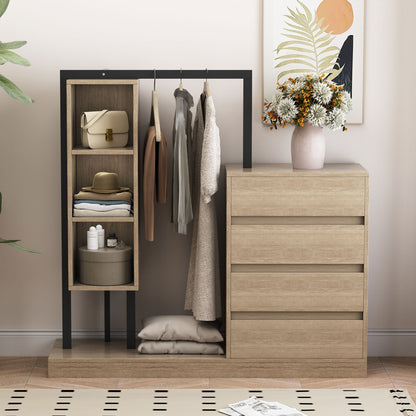 Natural Wood Finish Wardrobe with 4 Drawers, 3 Shelves, 55.3" H x 15.9" W