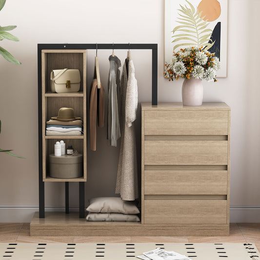 Natural Wood Finish Wardrobe with 4 Drawers, 3 Shelves, 55.3" H x 15.9" W