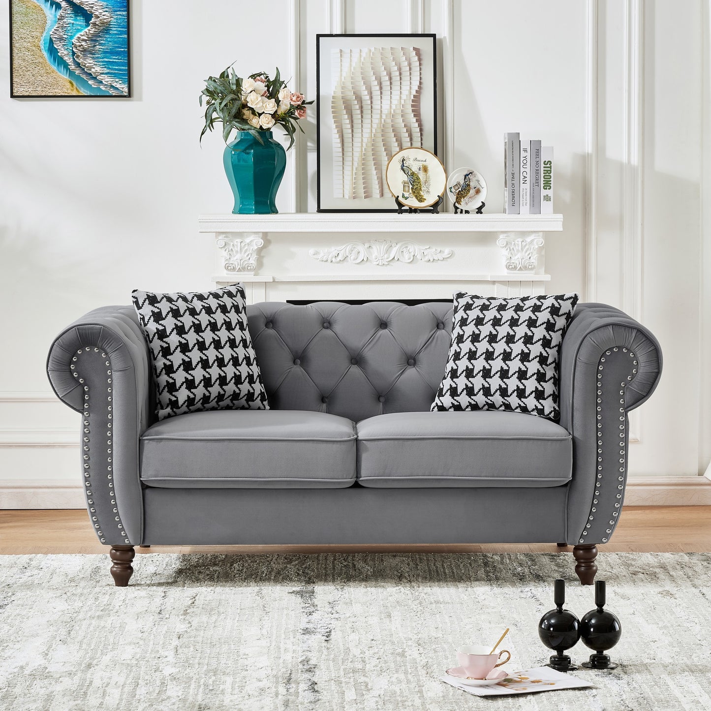 GOMYHOME 65-inch Grey Velvet Chesterfield Loveseat with Roll Arms