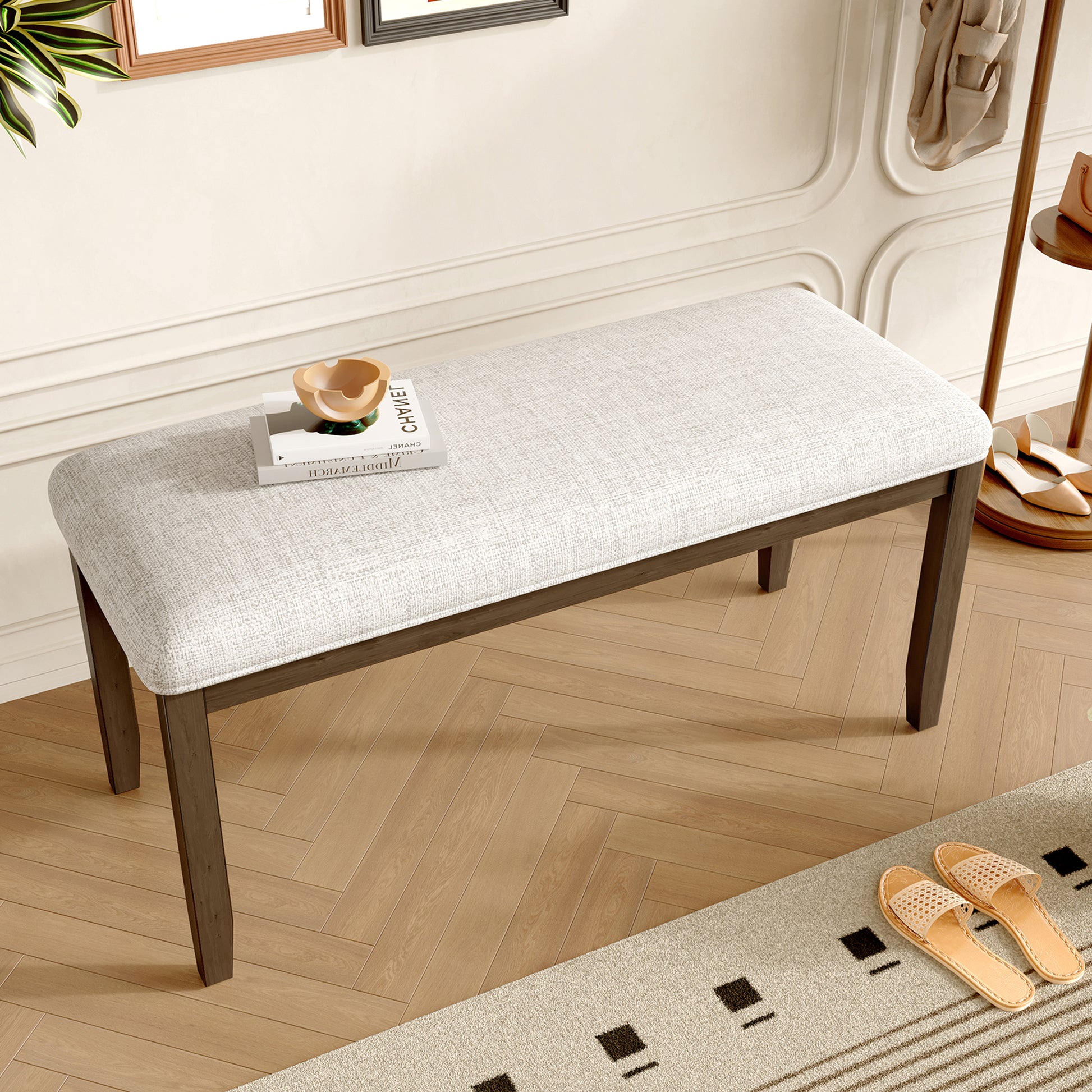 GOMYHOME 38-Inch Beige + Brown Upholstered Entryway Bench in Beige + Brown for Entryway