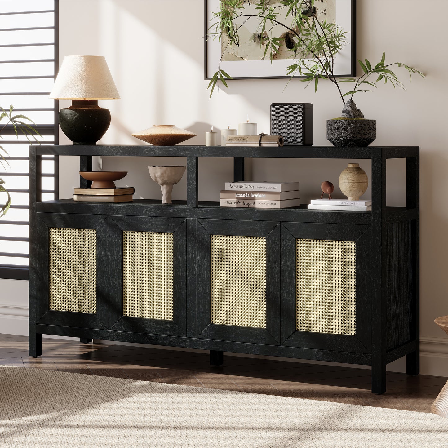 Modern TV Stand with Storage Cabinets & Open Shelves, Wood Finish, 70.8" Wide