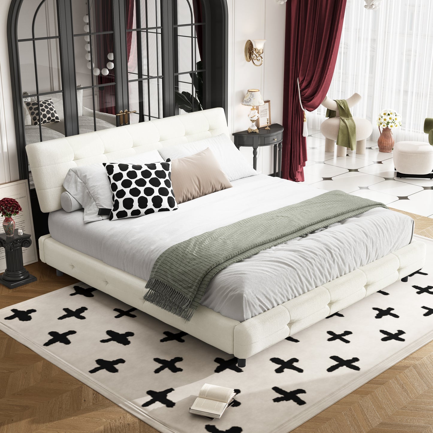 GOMYHOME beige and white cloud pillow chenille platform bed main product image