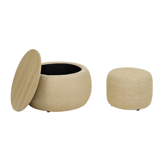 Woven Rattan Round Storage Ottoman with 2-in-1 Function, Dark Yellow