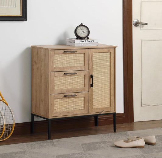 Mid-Century Storage Cabinet with 3 Drawers & Rattan Doors, Adjustable Shelves