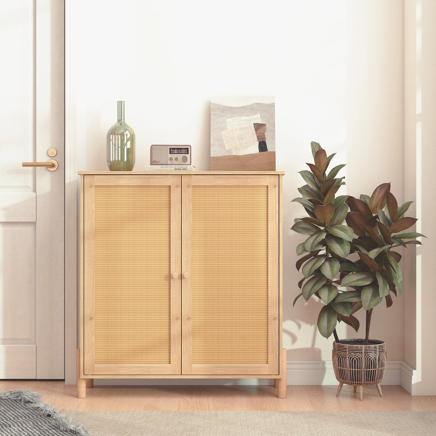 GOMYHOME Rattan Storage Cabinet, 2-Door Wood Accent Cabinet with Shelf, Natural Oak Finish