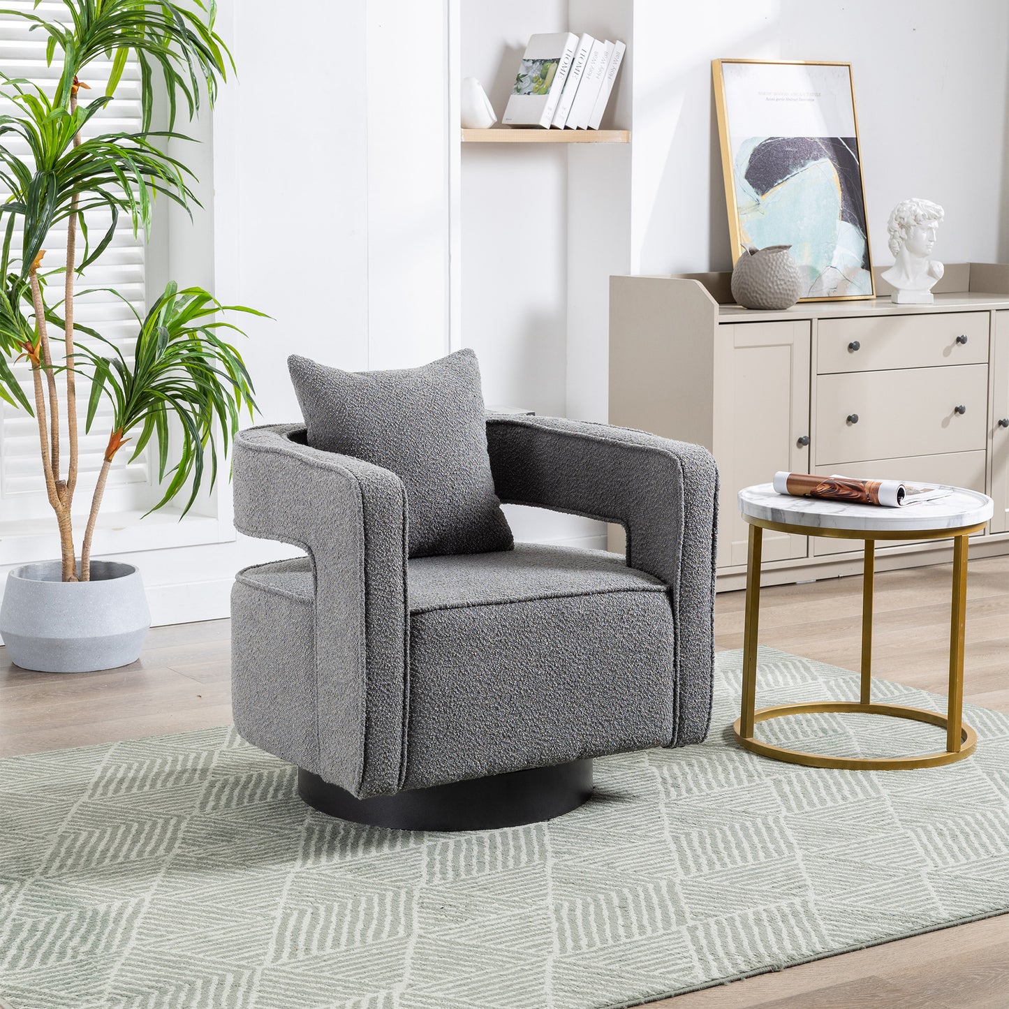 29.0'W Swivel Accent Open Back Chair Modern Comfy Sofa Chair With Black Base For Nursery Bedroom Living Room Hotel Office, Club Chair Leisure Arm Chair For Lounge (Gray Boucle)