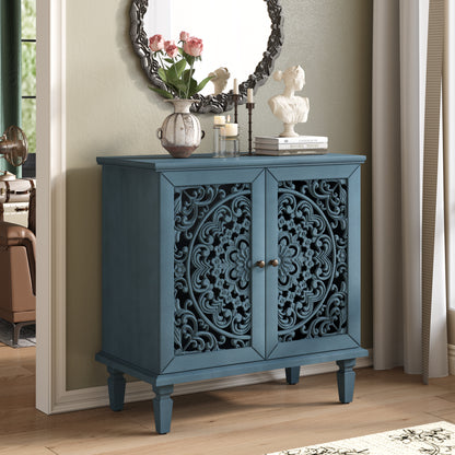 GOMYHOME Antique Blue 2-Door Hollow-Carved Accent Cabinet with Shelf