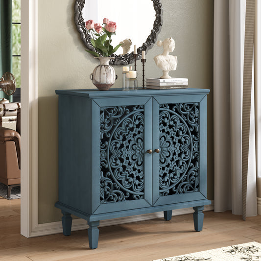 GOMYHOME Antique Blue 2-Door Hollow-Carved Accent Cabinet with Shelf