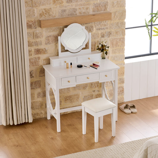 Compact Makeup Vanity Table with Reversible Mirror, Dressing Table Set with Stool, Space-Saving Beauty Station for Small Places, White