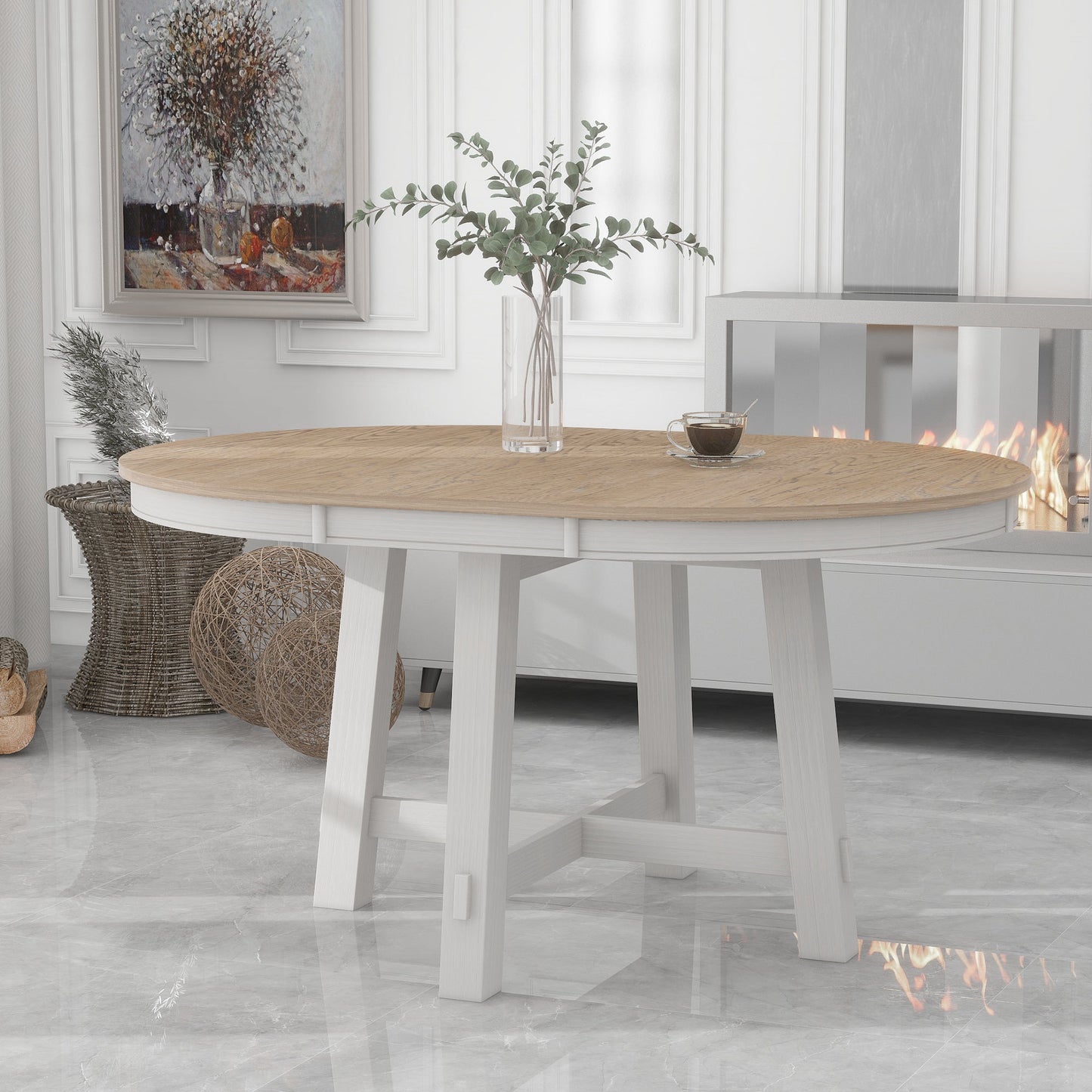 GOMYHOME TREXM Farmhouse Round Extendable Dining Table with 16' Leaf Wood Kitchen Table (Oak Natural Wood + Antique White)