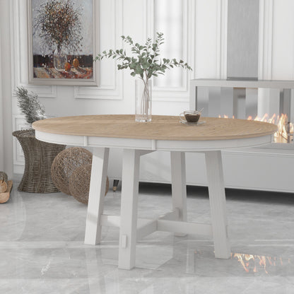 GOMYHOME TREXM Farmhouse Round Extendable Dining Table with 16' Leaf Wood Kitchen Table (Oak Natural Wood + Antique White)