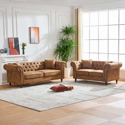 GOMYHOME Brown Tech Fabric Chesterfield Sofa Set with 3+2 Seating