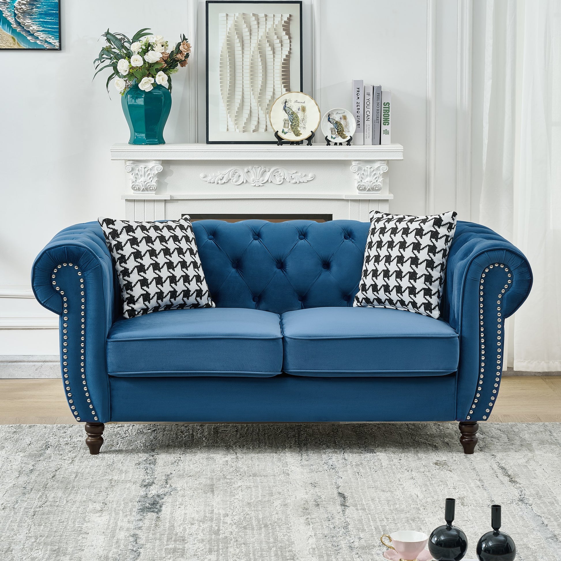 GOMYHOME Blue 65" Chesterfield Velvet Loveseat Blue for modern living room