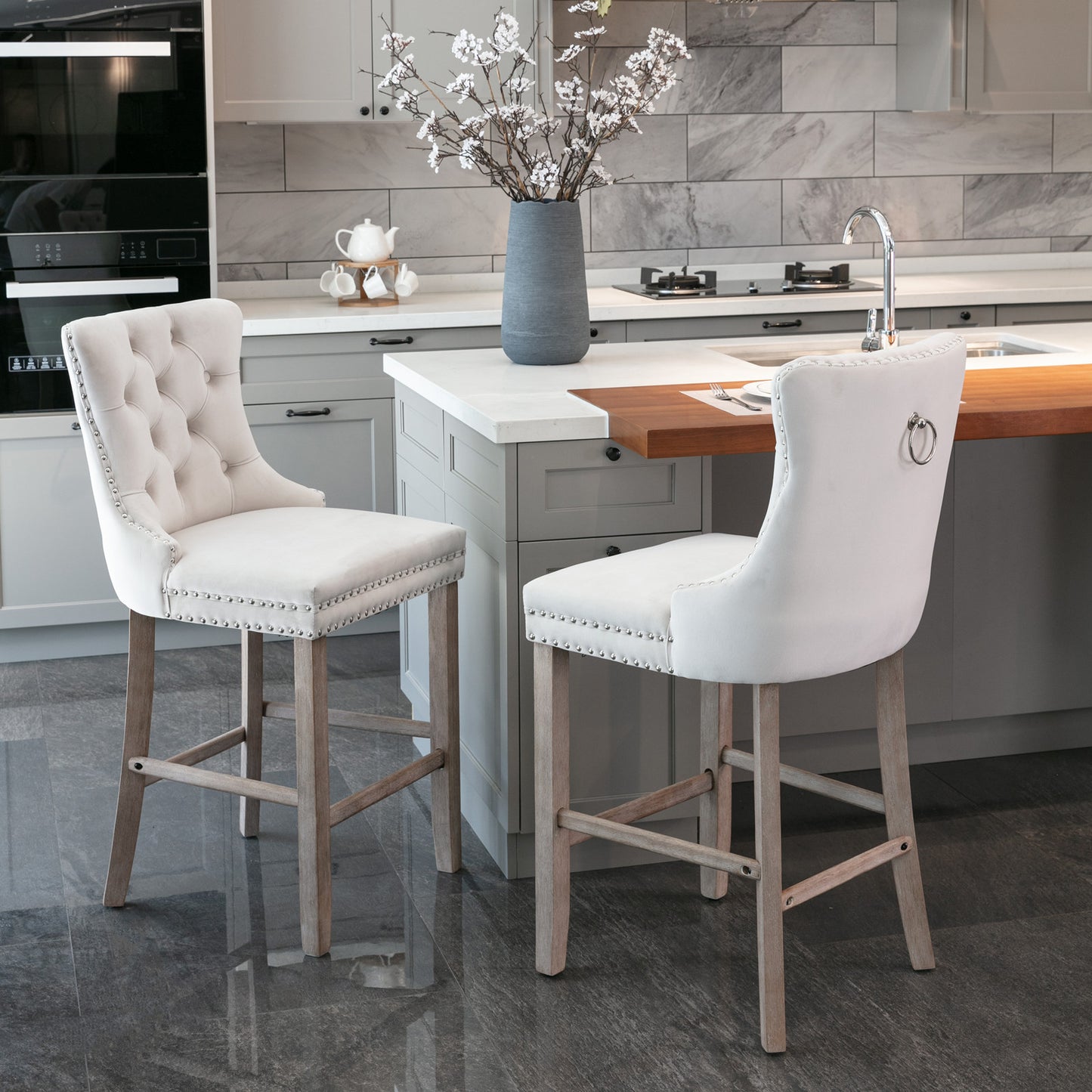 GOMYHOME Beige Contemporary Velvet Bar Stools, Set of 2