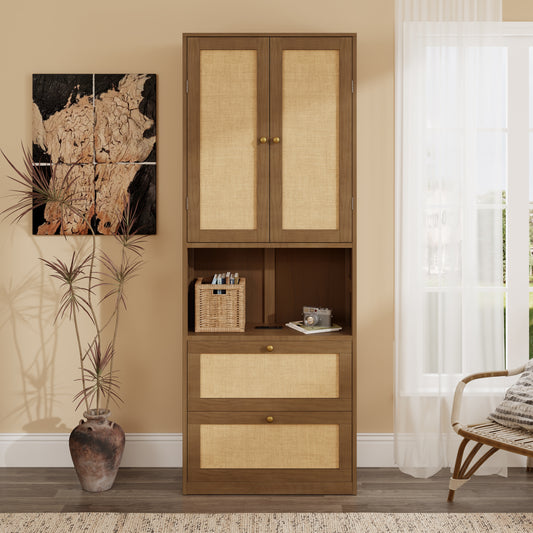 Walnut 2-Door Side Cabinet Storage Shelves with Rattan Design, 3 Drawers and USB Port