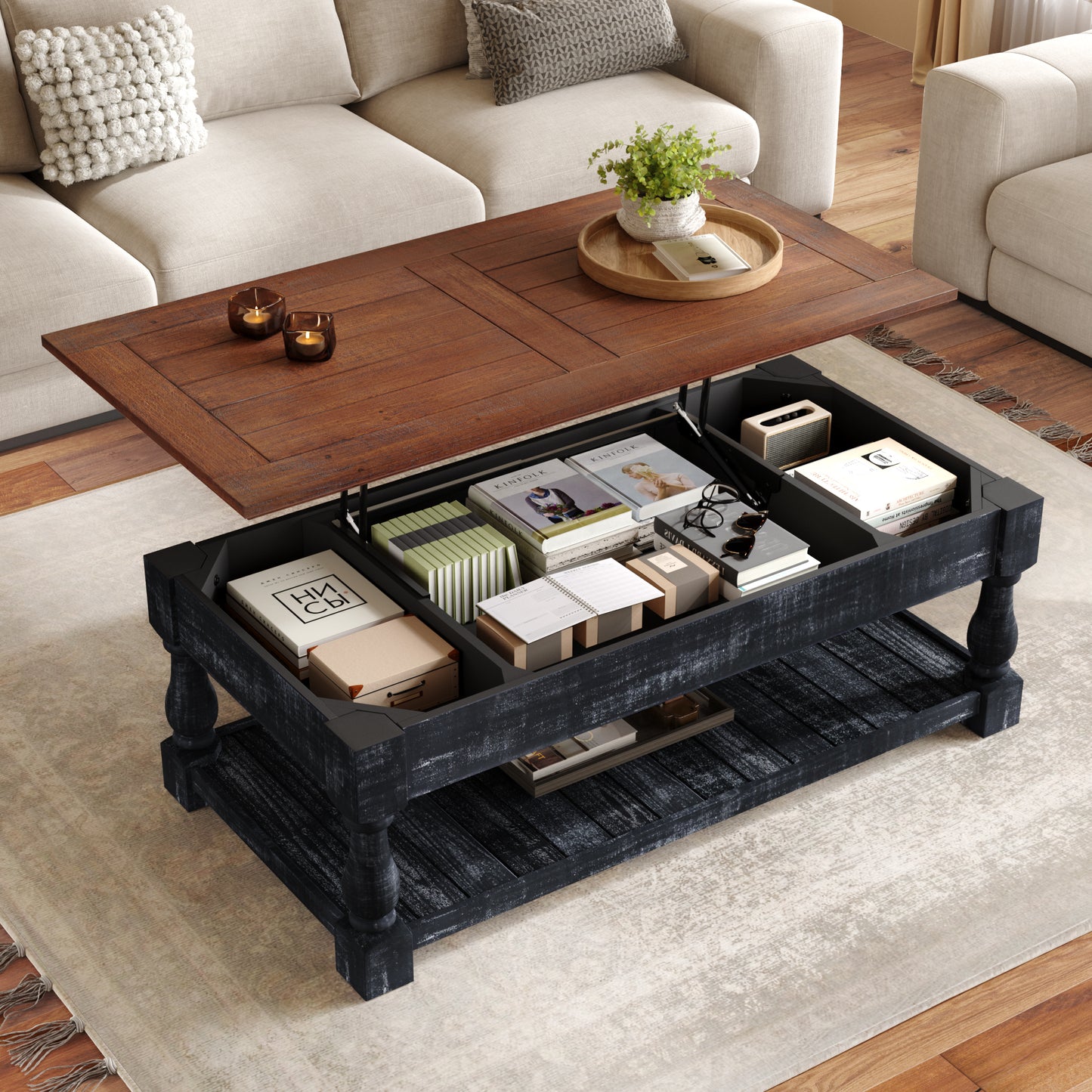 GOMYHOME Espresso and Weathered Black Lift-Top Coffee Table with Hidden Storage Shelf
