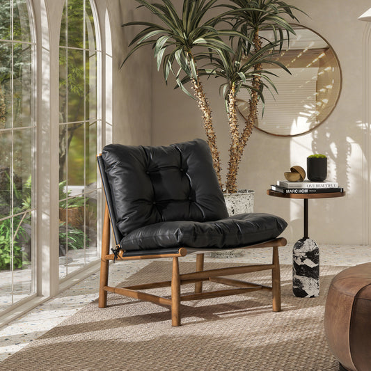 GOMYHOME Oxford 26.5" Leather Mid-Century Modern Accent Chair, Noir Black Leather