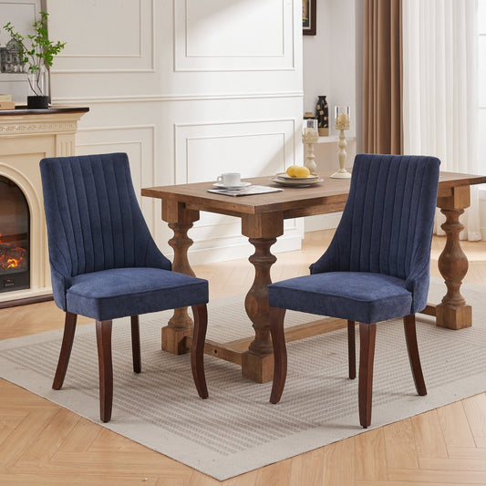 Blue Linen Dining Chairs, Set of 2 Upholstered High Back Accent Chairs with Solid Wood Legs