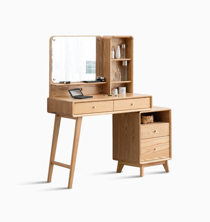 GOMYHOME Mid-Century Modern Wood Vanity Set with Mirror, 5 Drawers & Storage Shelves