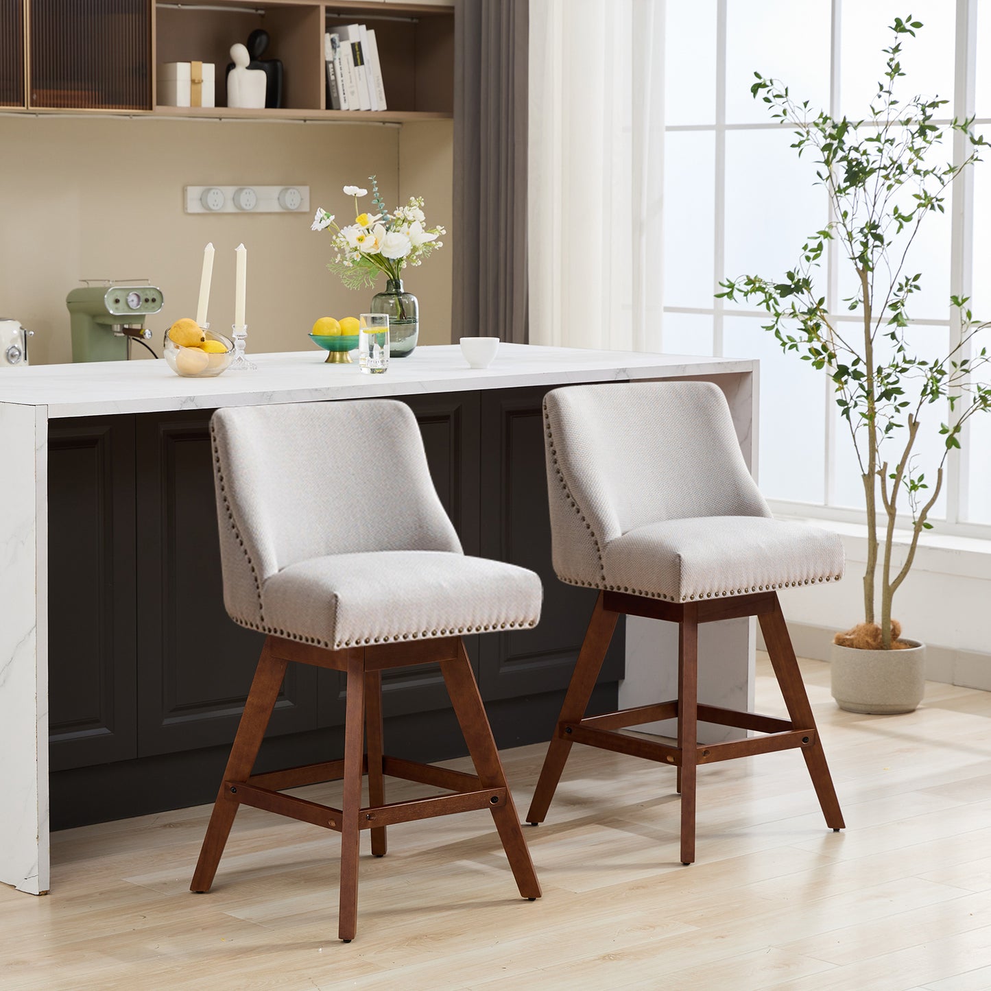GOMYHOME beige upholstered fabric counter stool set of 2 for modern home seating