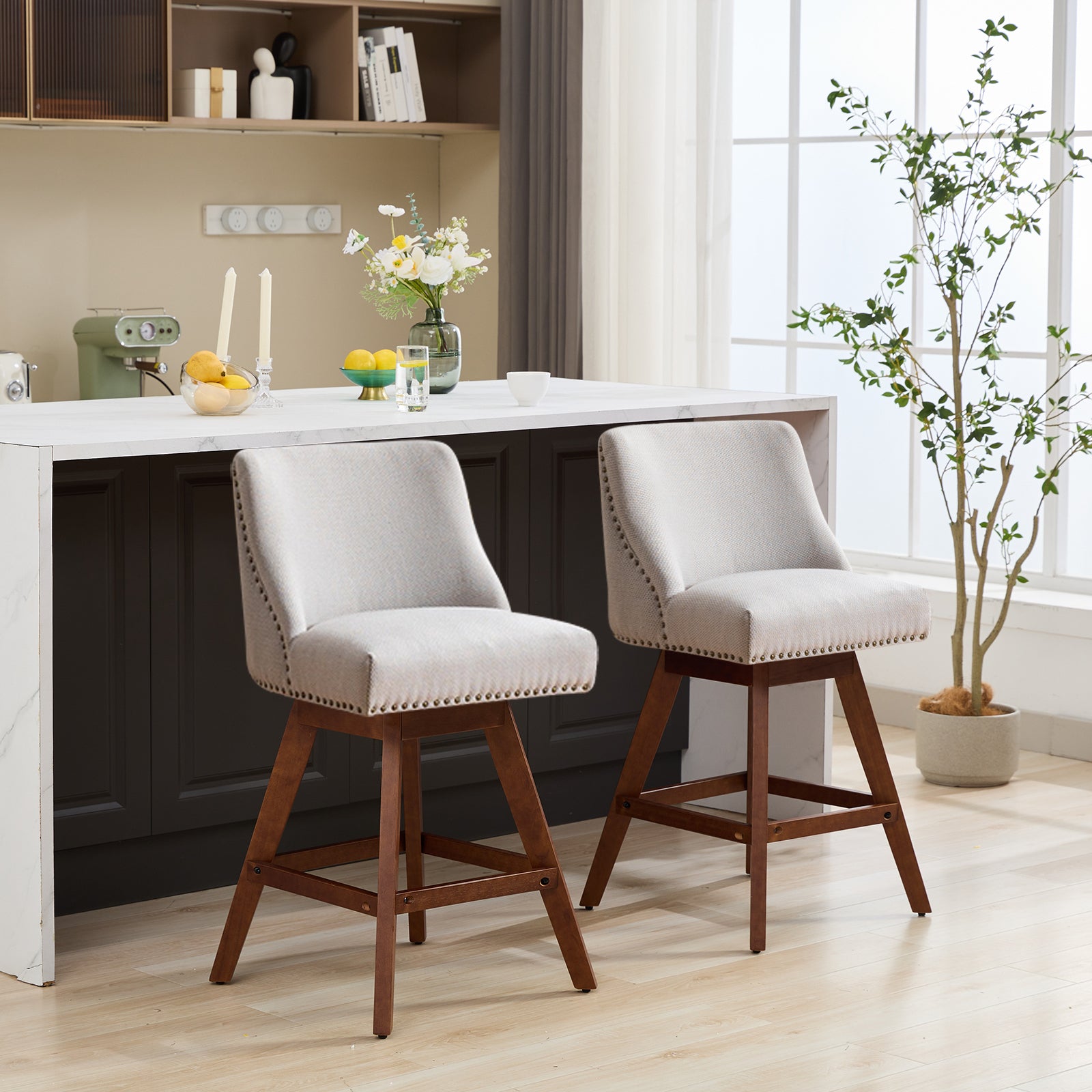 GOMYHOME beige upholstered fabric counter stool set of 2 for modern home seating