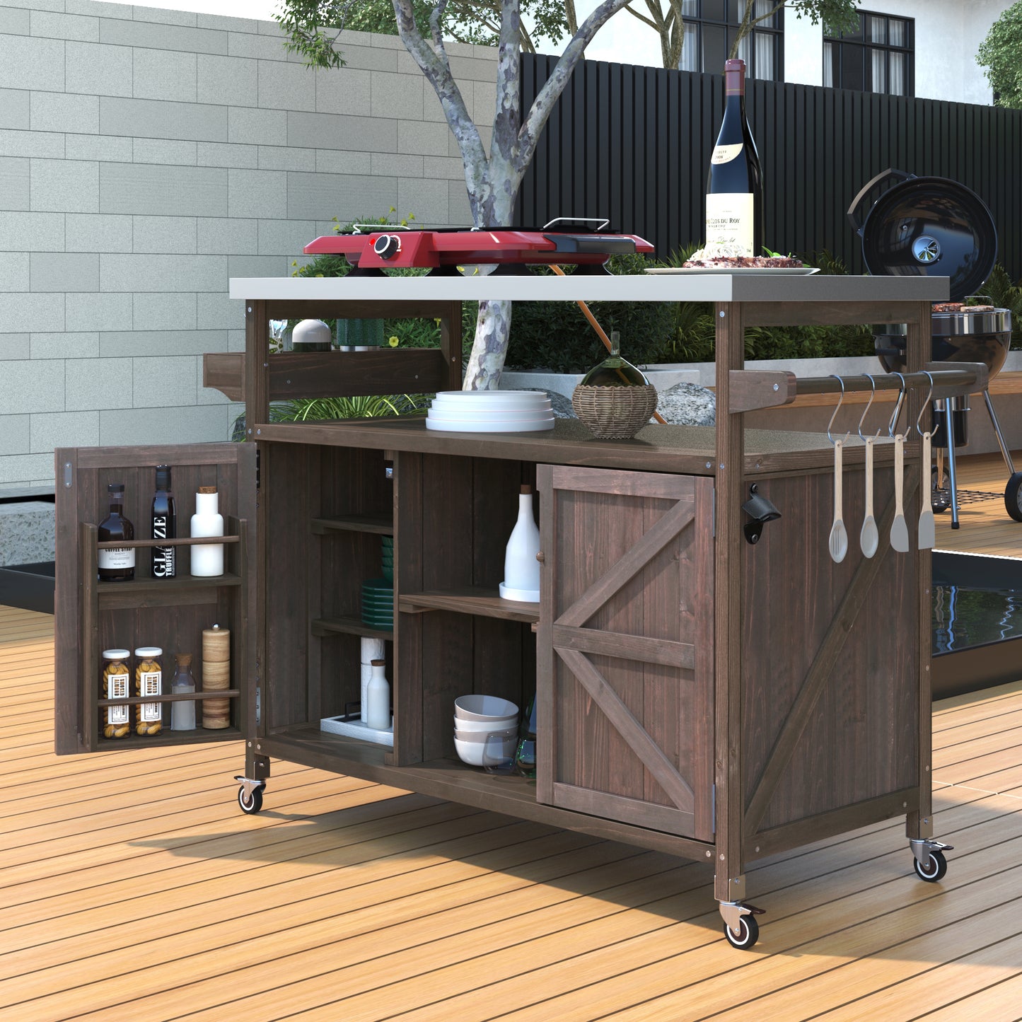 GOMYHOME Outdoor Kitchen Island, Rolling Bar Cart & Storage Cabinet, Farmhouse Solid Wood Outdoor Grill Table with Stainless Steel Top, Spice Rack , Towel Rack for Kitchen & Barbecue , Dark Brown