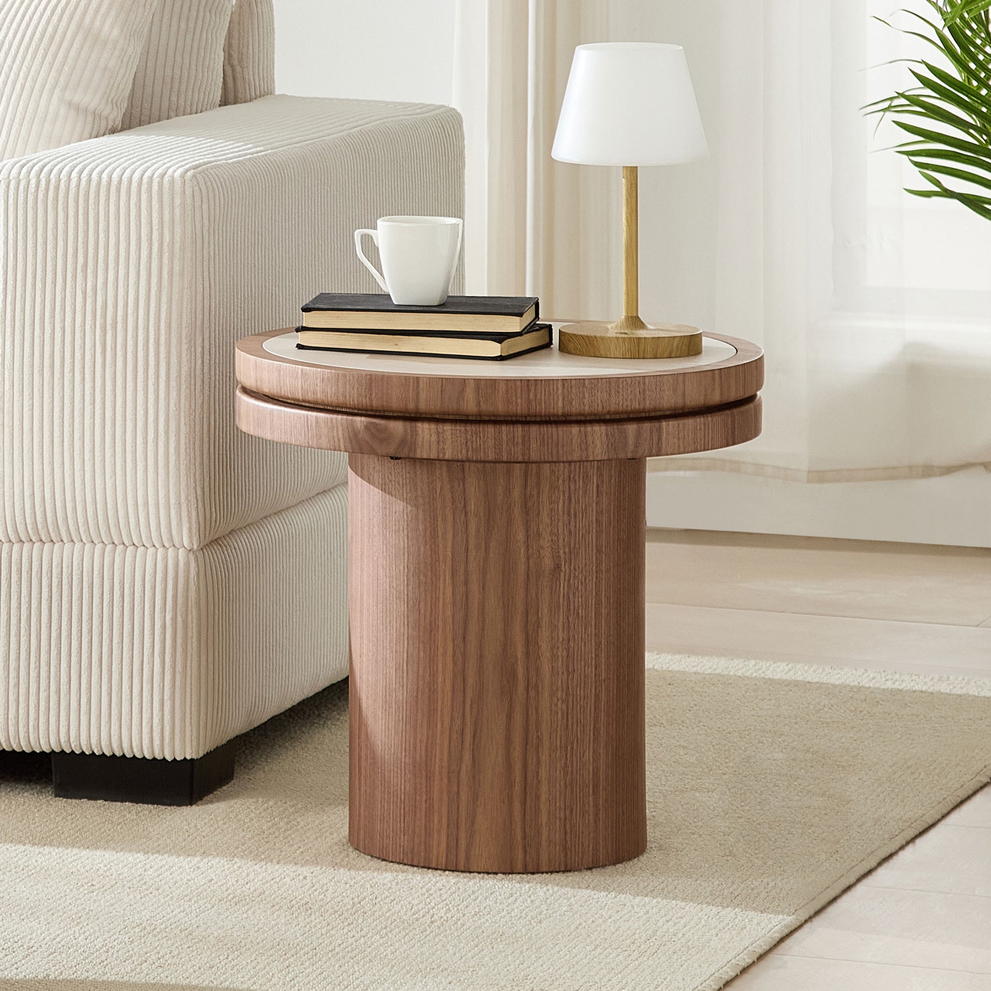 GOMYHOME Walnut 19.49" Round Side Table with Sintered Stone Top in Walnut for living room