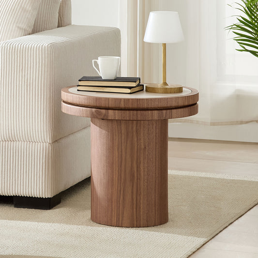GOMYHOME Walnut 19.49" Round Side Table with Sintered Stone Top in Walnut for living room