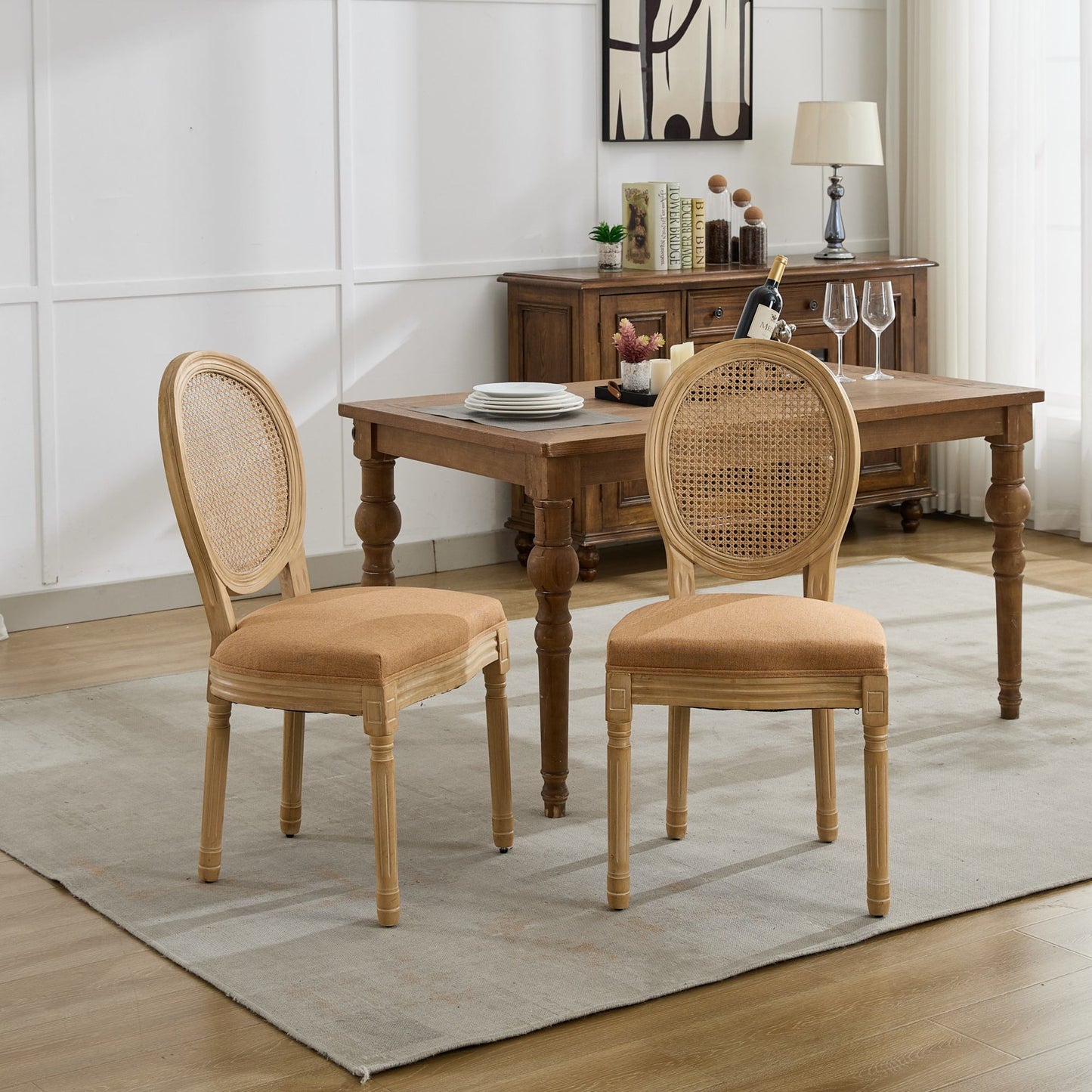 GOMYHOME Tan French Linen Fabric Cane-Back Dining Chairs, Set of 2